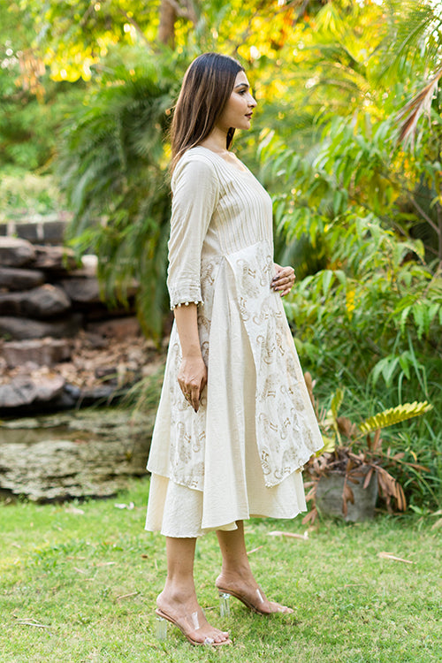 Pintuck Dress with Golden Peacock Details