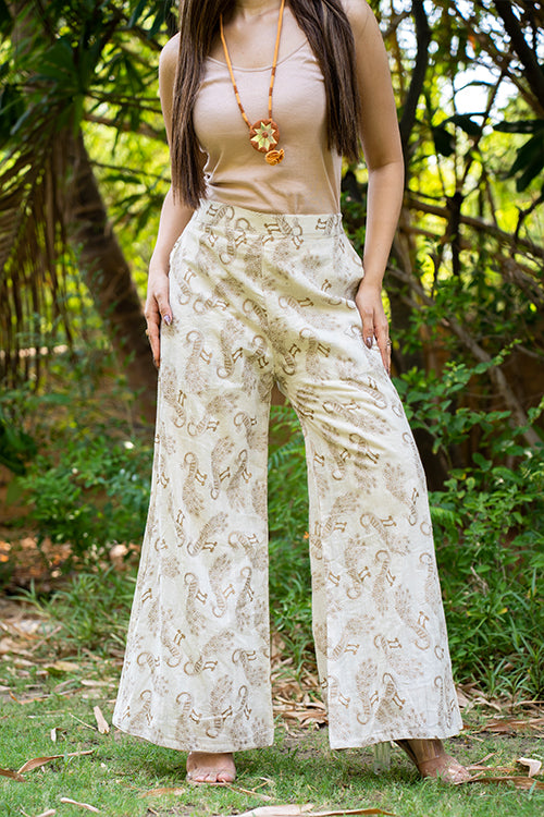 MORALFIBRE GOLDEN PEACOCK PLAZO IN LAYERED MUSLIN