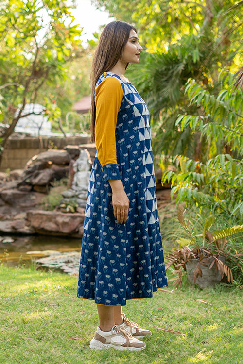 Handblock Printed Indigo Dress with Yellow Sleeves