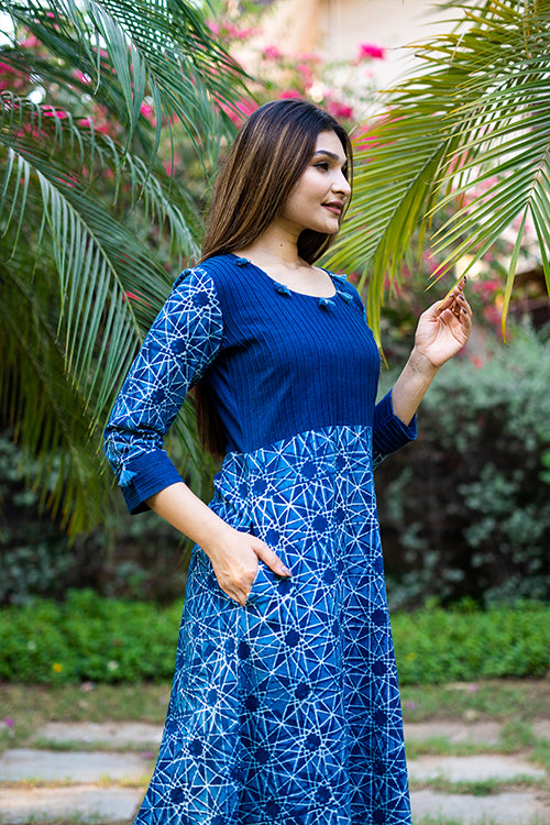 Indigo Dress with Pintucks and Fumtis