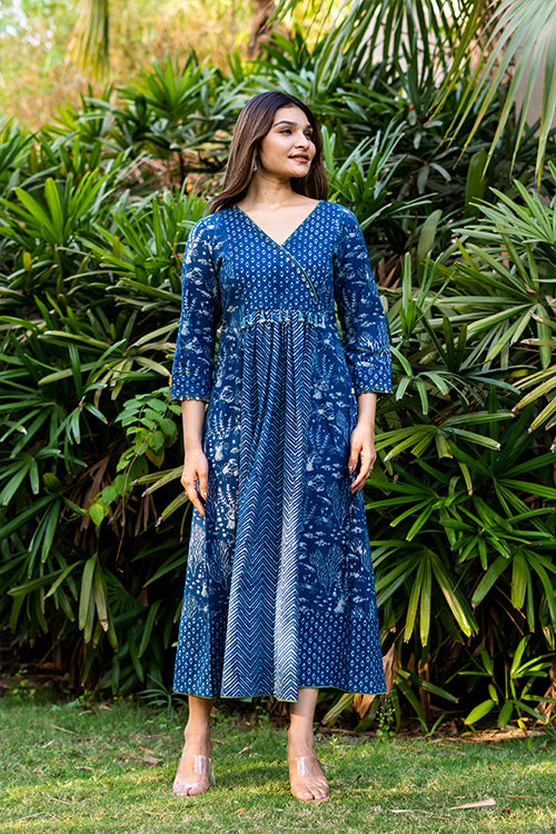 Handblock Printed Indigo Angarakha Dress