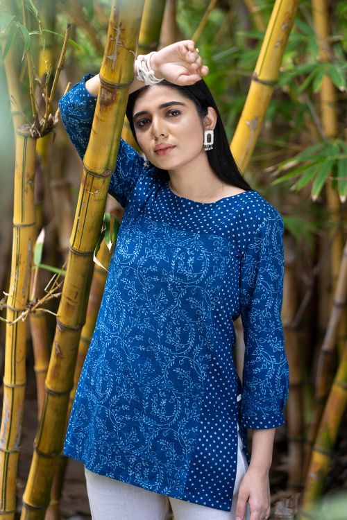 MORALFIBRE NATURAL INDIGO DOTS & CREEPER PRINTED KURTI