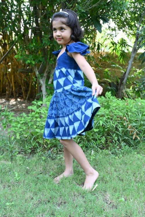 MORALFIBRE’ NATURAL INDIGO PRINTED GIRLS BUTTERFLY FROCK