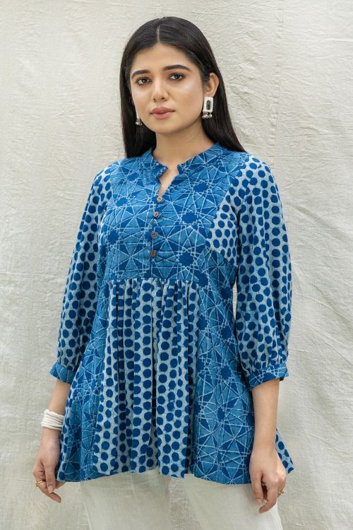 MORALFIBRE HANDBLOCK PRINTED INDIGO BOHO TOP