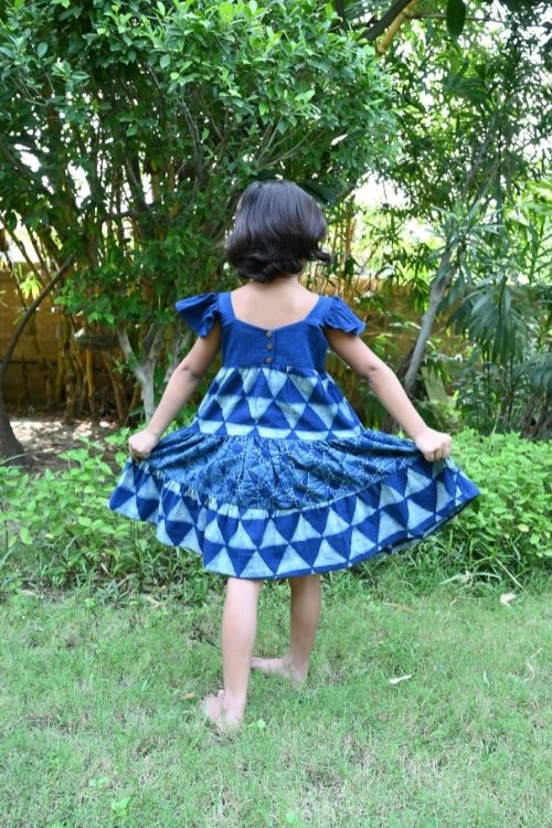 MORALFIBRE’ NATURAL INDIGO PRINTED GIRLS BUTTERFLY FROCK