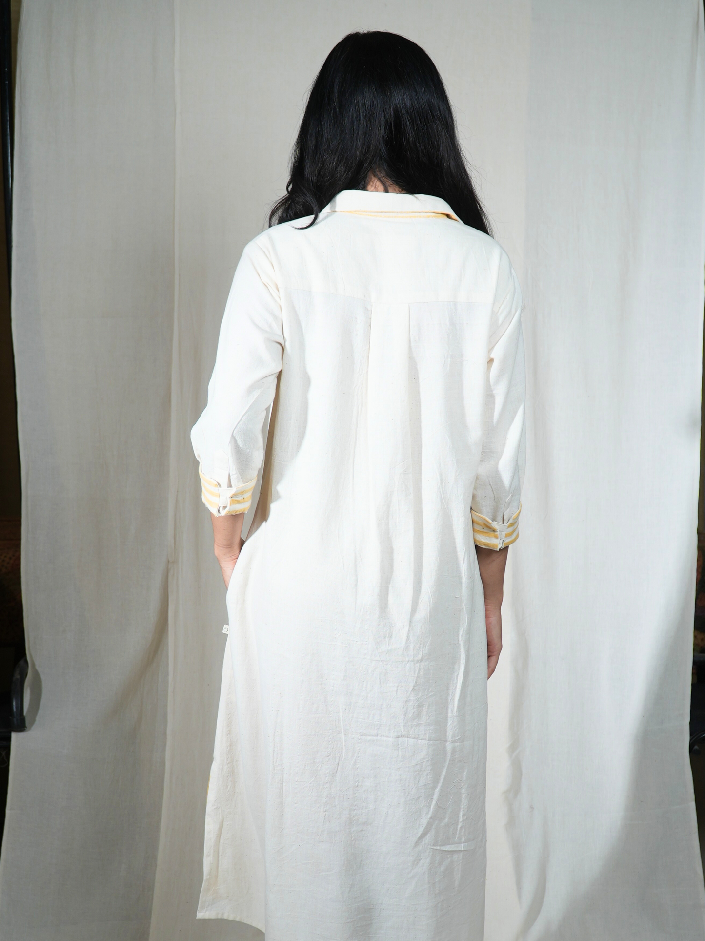 MORALFIBRE FRAYED TRIM PLACKET LONG SHIRT DRESS FROM "SHAPES COLLECTION "