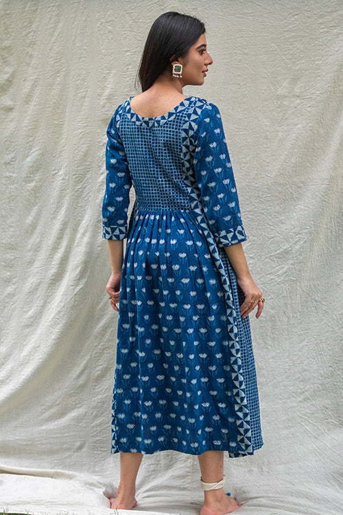 MORALFIBRE NATURAL INDIGO MULTI PRINT DRESS WITH 3/4TH SLEEVES