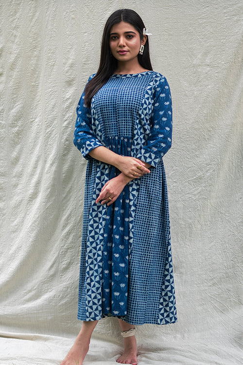 MORALFIBRE NATURAL INDIGO MULTI PRINT DRESS WITH 3/4TH SLEEVES