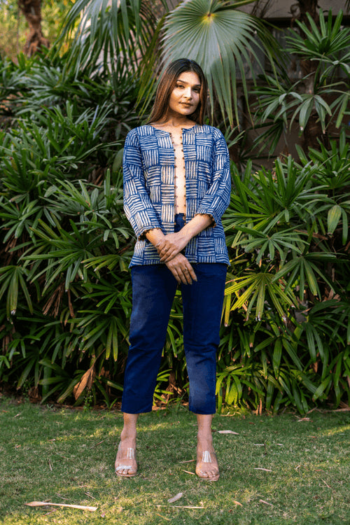 Handblock Indigo Jacket with Boriya Details