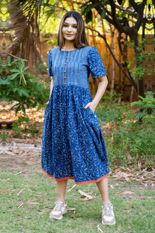 Indigo Dress with Pintucks and Potlis