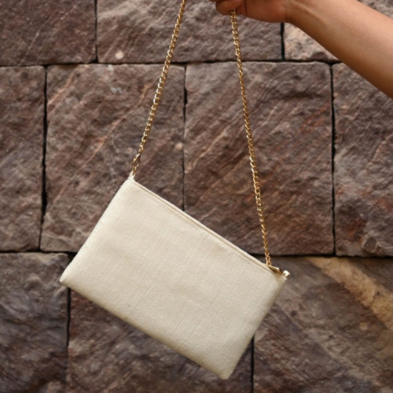 CREAM PEACE SILK BAG WITH GOLD CHAIN STRAP