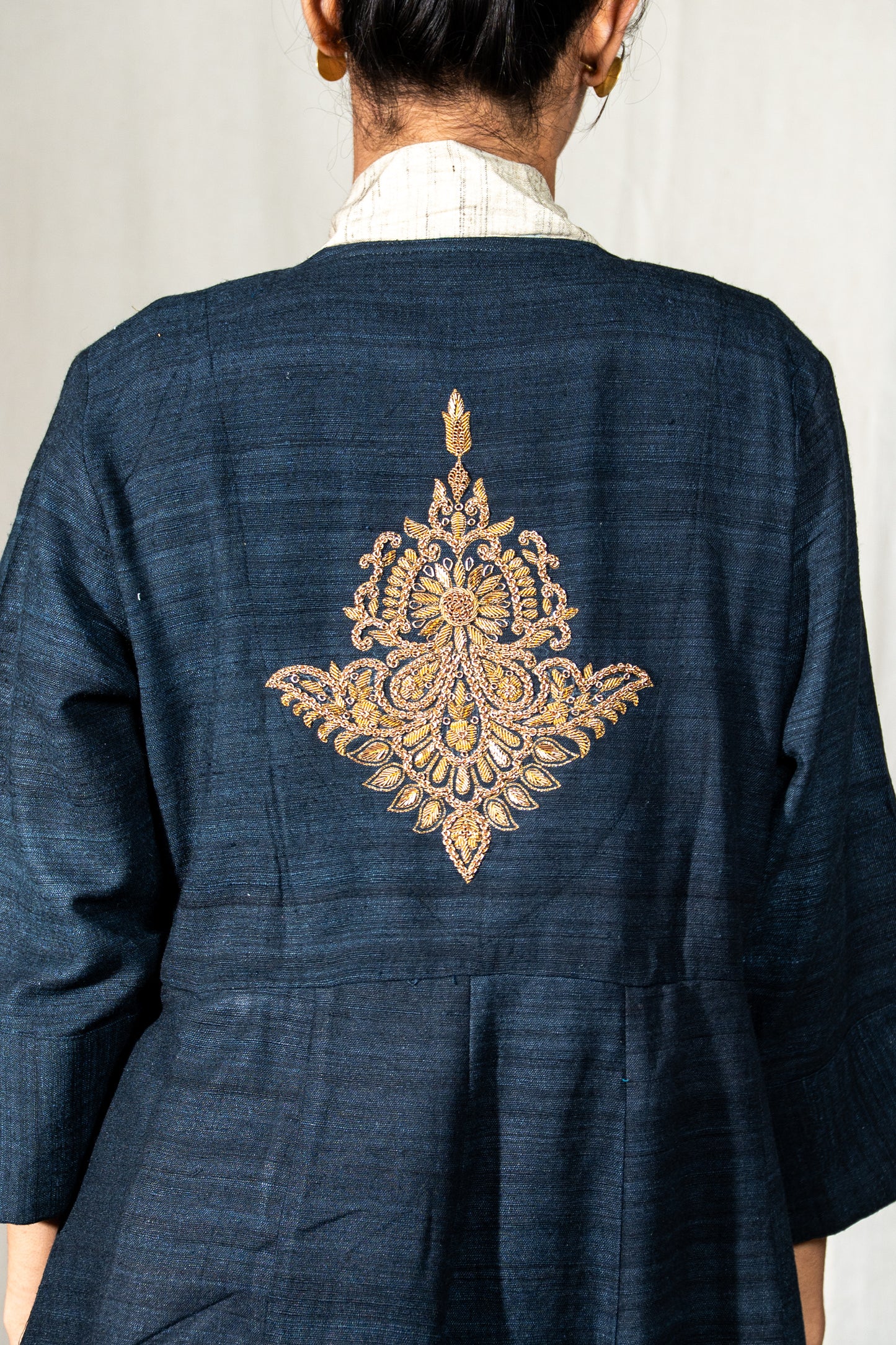 MORALFIBRE circular neck top features frayed trim on Indigo checks & plain blue body with double facing attached with contrast faggoting.