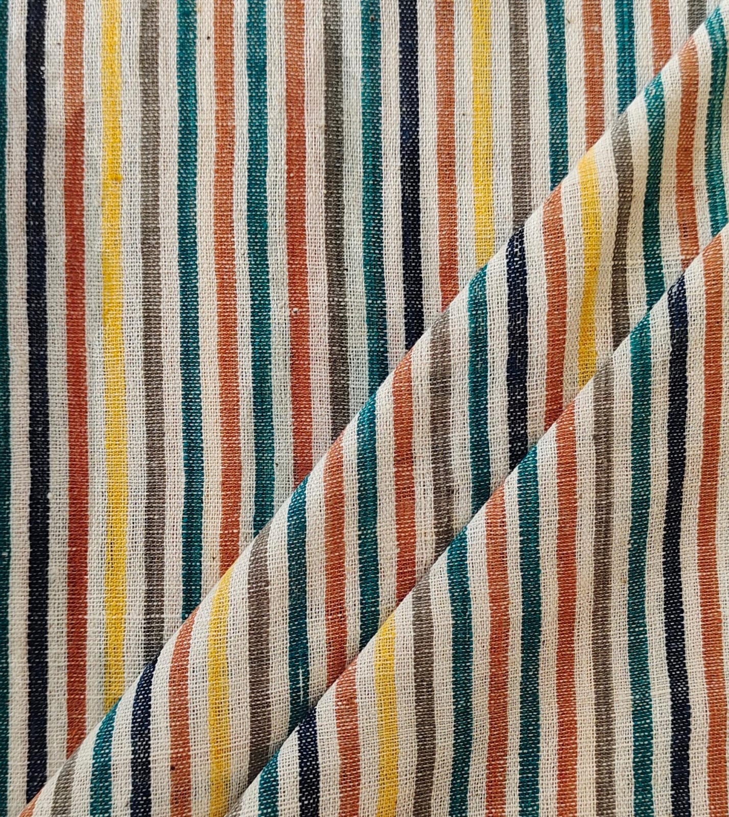 MORALFIBRE 100% Cotton handspun handwoven Cyan Green Multi Bold Stripes Fabric