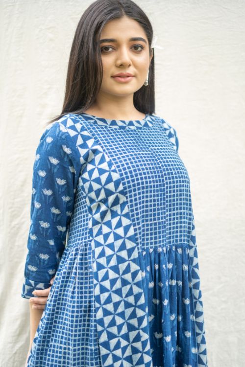 MORALFIBRE NATURAL INDIGO MULTI PRINT DRESS WITH 3/4TH SLEEVES