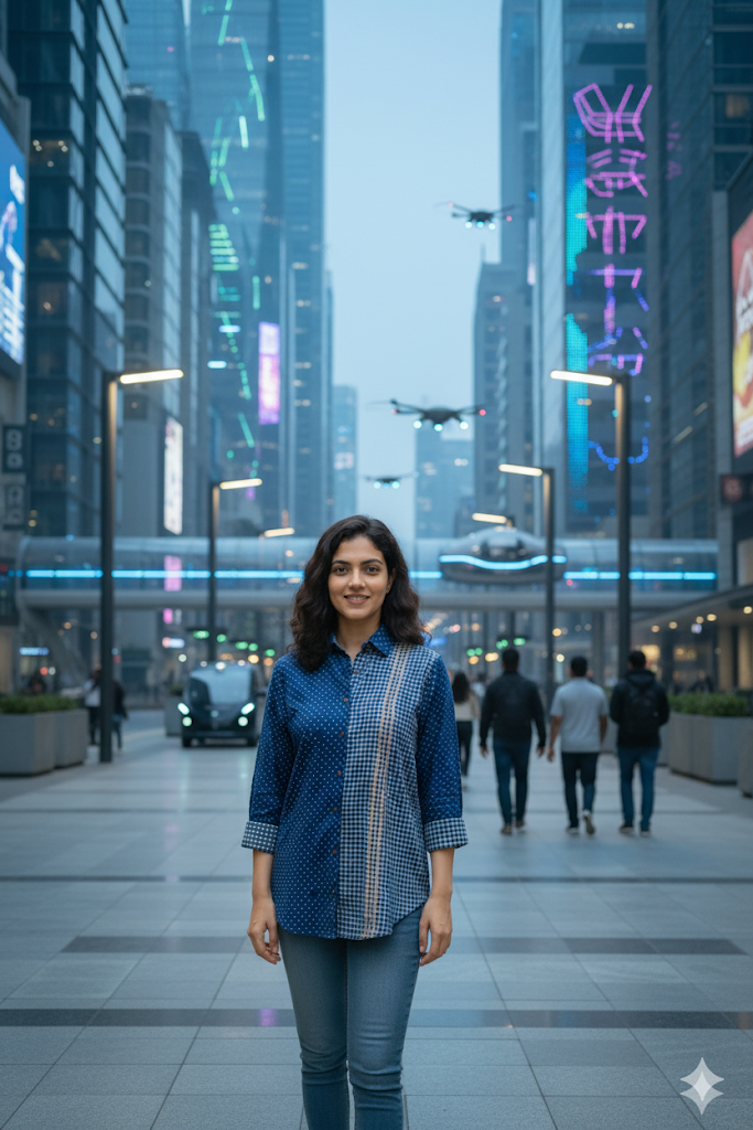 MORALFIBRE INDIGO PRINT SHIRT WITH HAND EMBROIDERED PANNEL