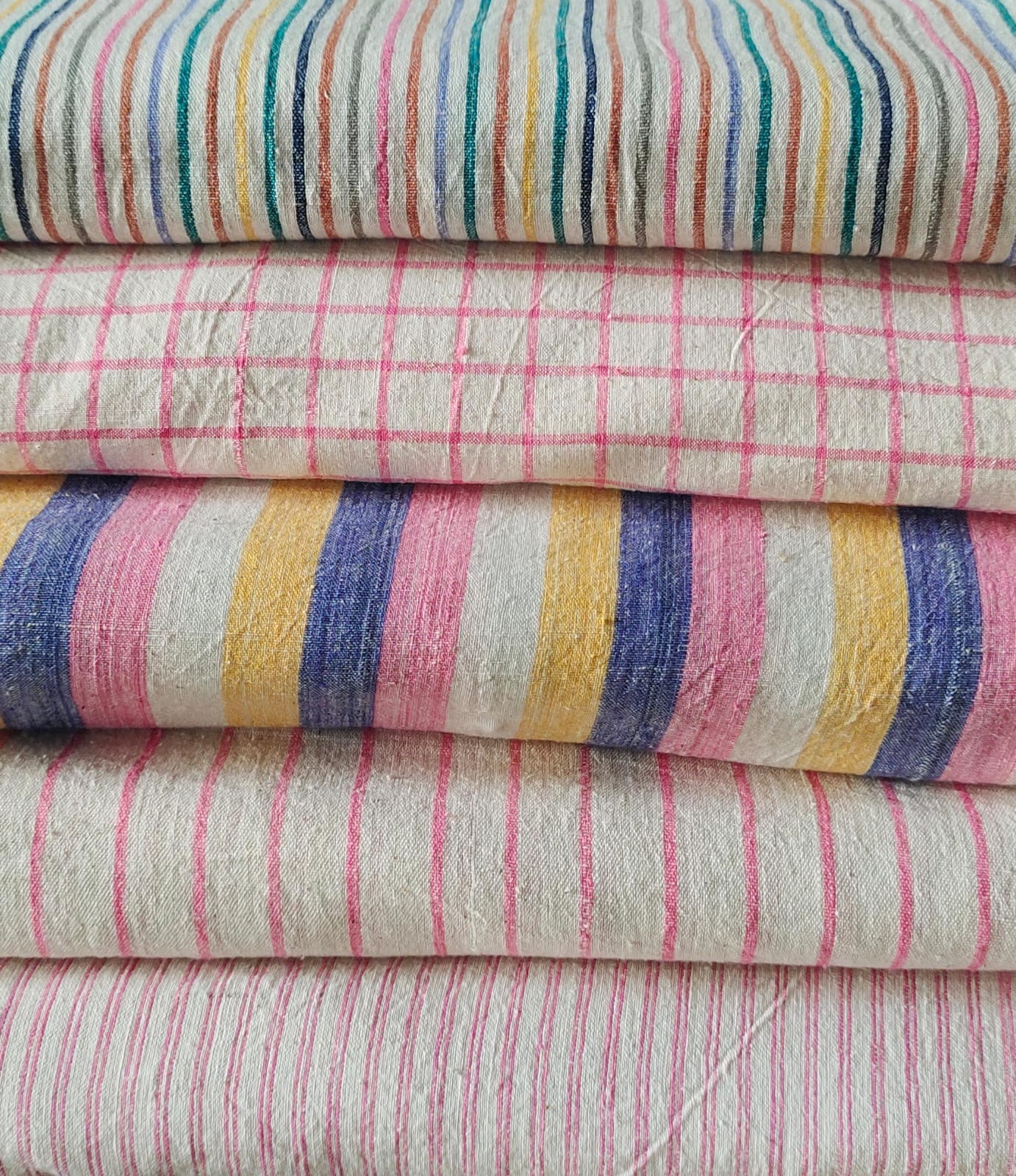 MORALFIBRE 100% Cotton handspun handwoven Pink Multi Bold Stripes Fabric