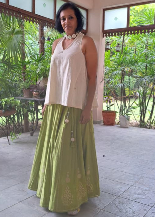 MORALFIBRE KALI CHANIYA WITH HAND BLOCK PRINTS AND MUKAISH & MIRROR WORK