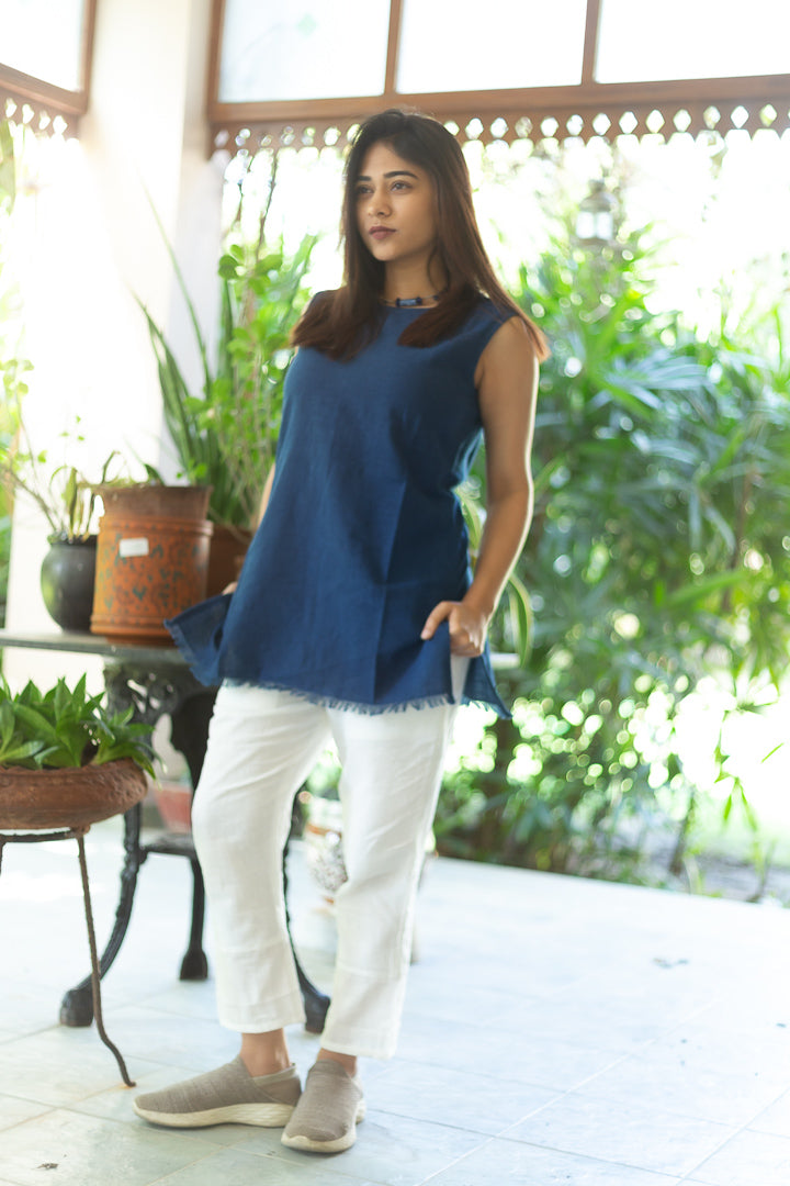 Moralfibre Plain Indigo Short Tunic with Signature Raw Edges