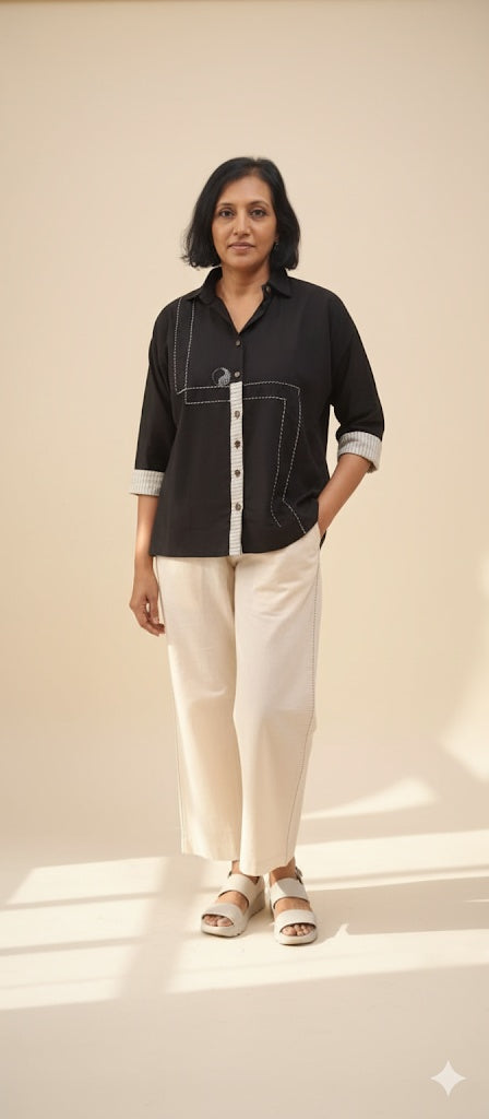 MORALFIBRE KIMONO SHIRT WITH STRIPED DETAILS