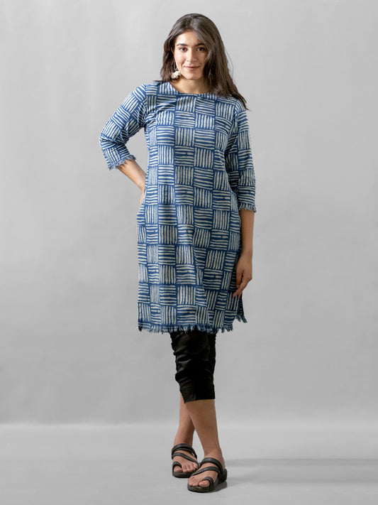 MORALFIBRE NATURAL INDIGO CANE PRINTED KURTI WITH SIGNATURE RAW EDGES