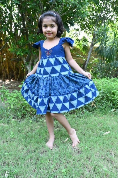 MORALFIBRE’ NATURAL INDIGO PRINTED GIRLS BUTTERFLY FROCK