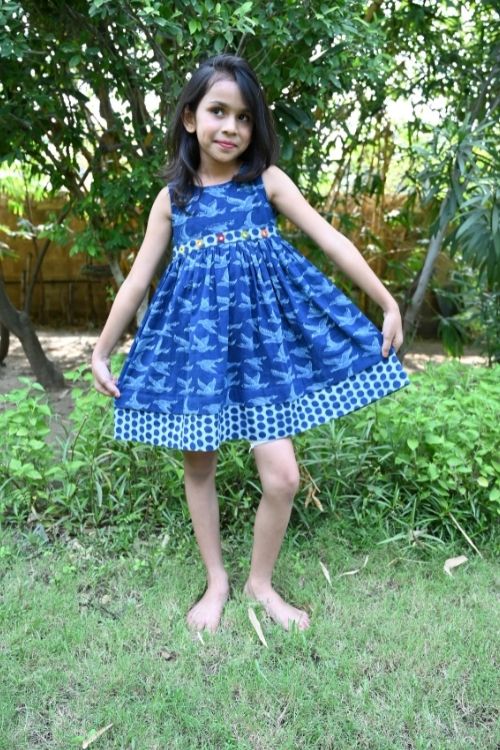 MORALFIBRE’ NATURAL INDIGO PRINTED GIRLS FLYING BIRDS FROCK