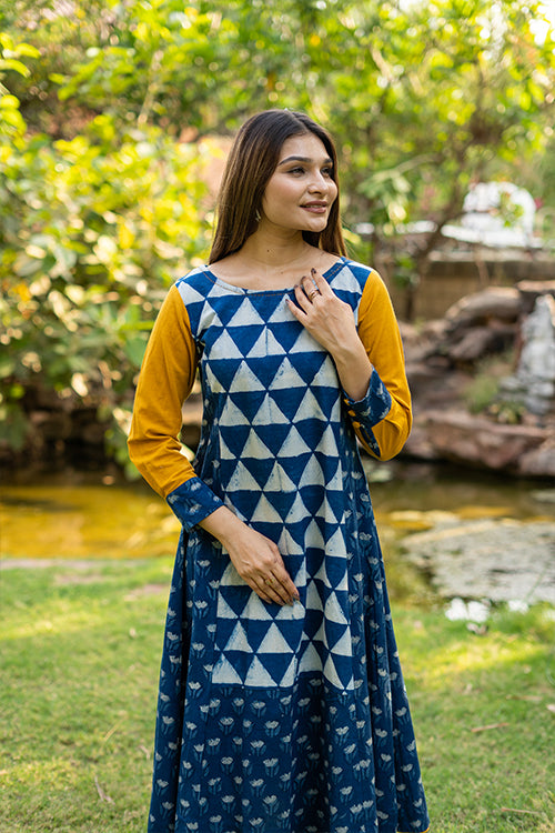 Handblock Printed Indigo Dress with Yellow Sleeves