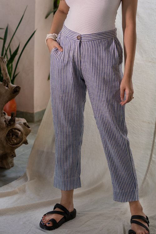 MORALFIBRE’s Blue & white stripes ankle pants