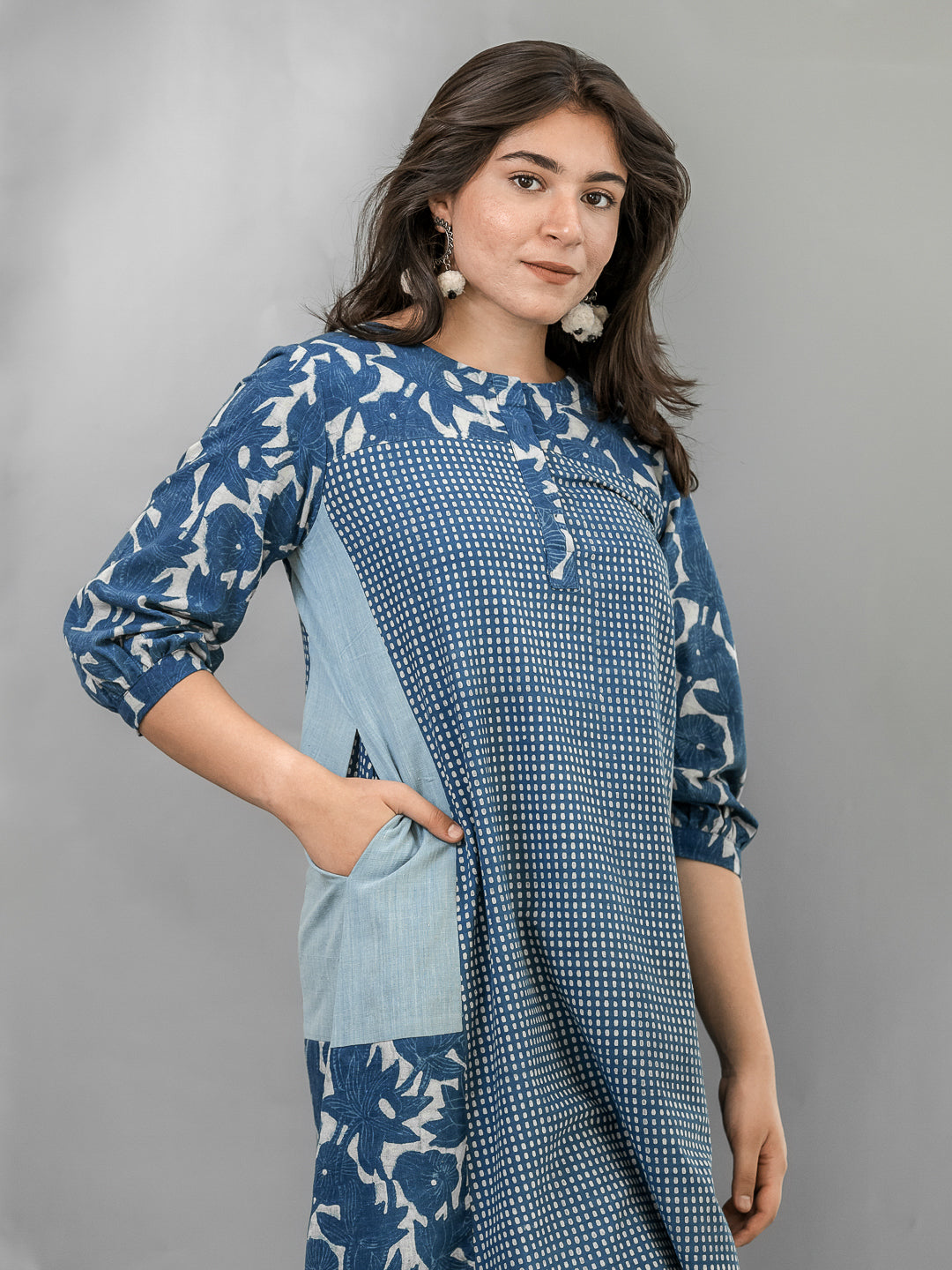 MORALFIBRE NATURAL INDIGO MULTI PRINT DRESS WITH 3/4TH SLEEVES