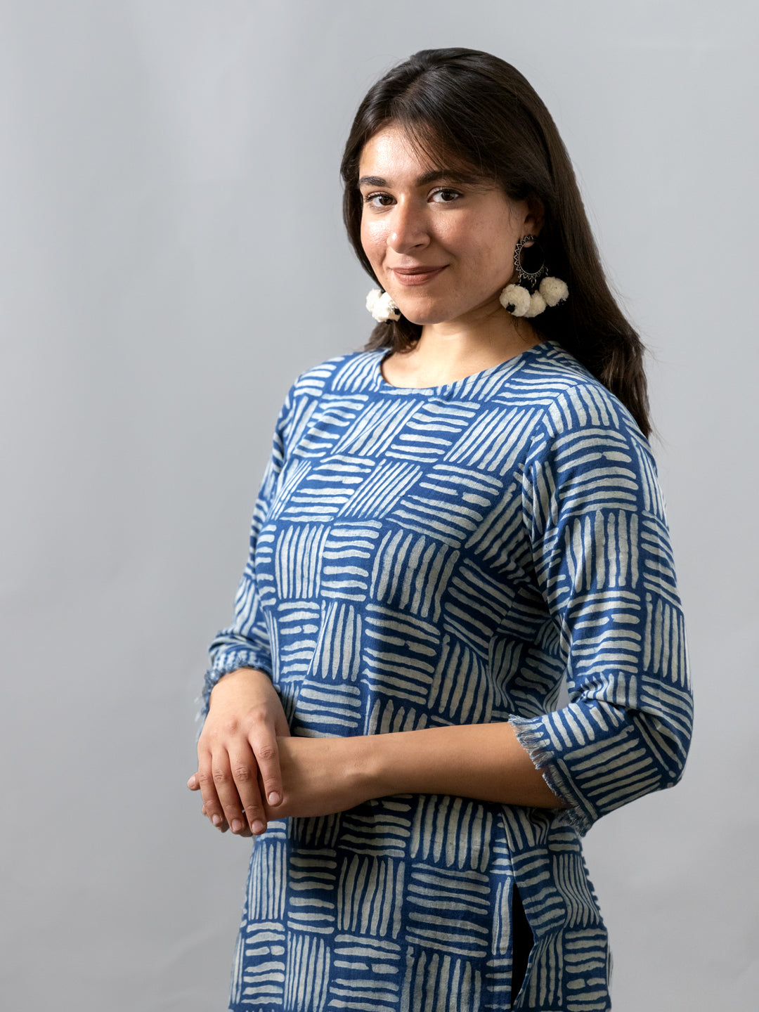 MORALFIBRE NATURAL INDIGO CANE PRINTED KURTI WITH SIGNATURE RAW EDGES