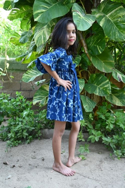 MORALFIBRE’ NATURAL INDIGO PRINTED GIRLS FRILLY SEA SCAPE SLEEVELESS FROCK