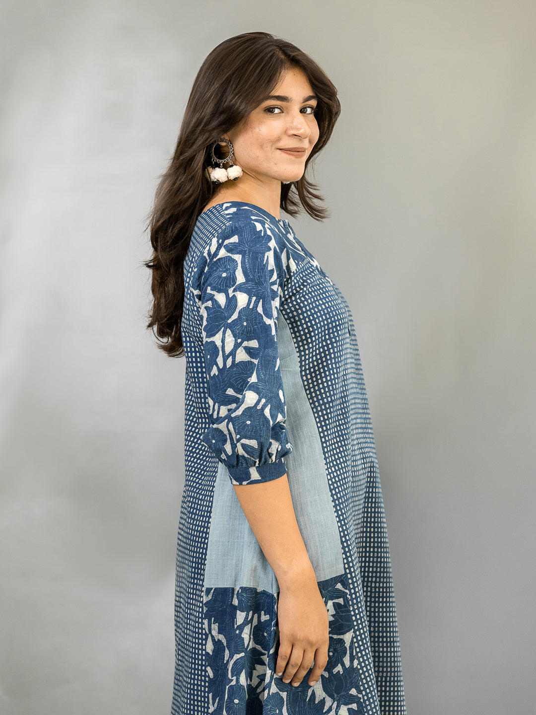 MORALFIBRE NATURAL INDIGO MULTI PRINT DRESS WITH 3/4TH SLEEVES
