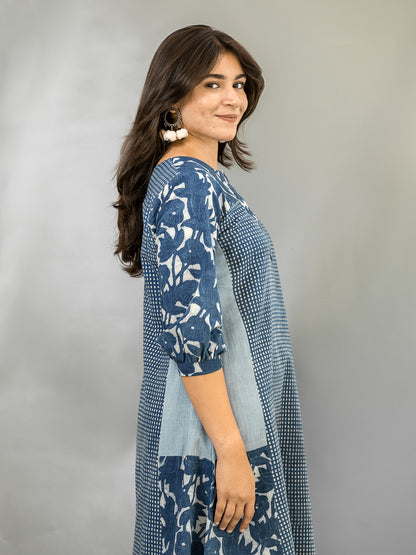 MORALFIBRE NATURAL INDIGO MULTI PRINT DRESS WITH 3/4TH SLEEVES