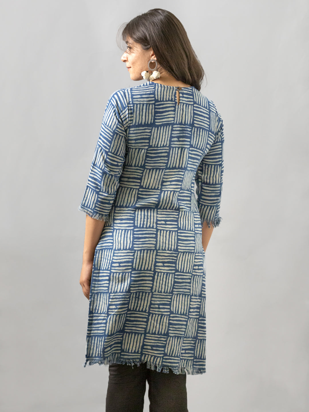 MORALFIBRE NATURAL INDIGO CANE PRINTED KURTI WITH SIGNATURE RAW EDGES