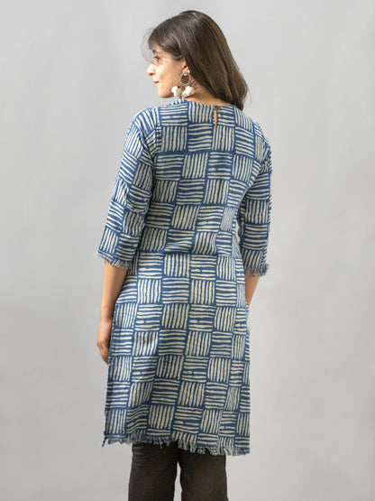MORALFIBRE NATURAL INDIGO CANE PRINTED KURTI WITH SIGNATURE RAW EDGES