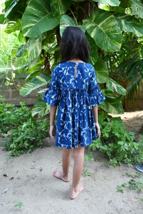 MORALFIBRE’ NATURAL INDIGO PRINTED GIRLS FRILLY SEA SCAPE SLEEVELESS FROCK