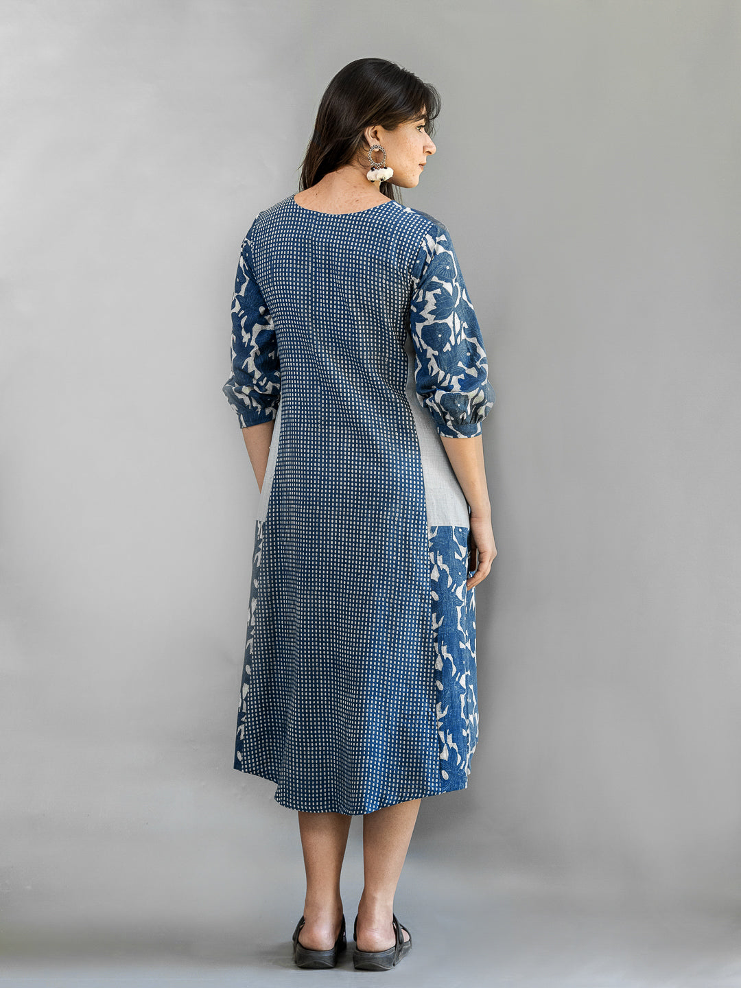 MORALFIBRE NATURAL INDIGO MULTI PRINT DRESS WITH 3/4TH SLEEVES
