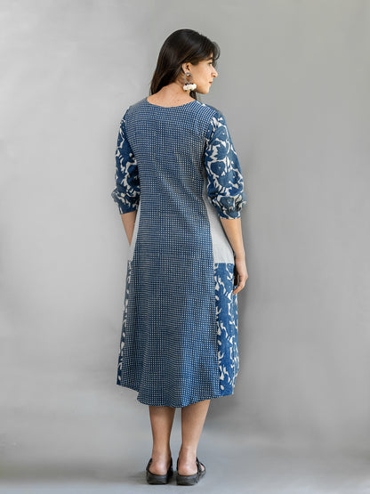 MORALFIBRE NATURAL INDIGO MULTI PRINT DRESS WITH 3/4TH SLEEVES