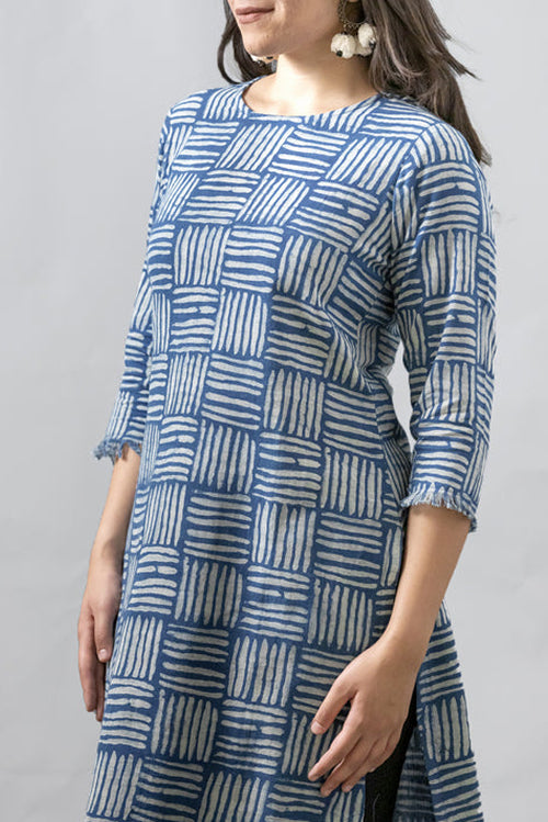 MORALFIBRE NATURAL INDIGO CANE PRINTED KURTI WITH SIGNATURE RAW EDGES