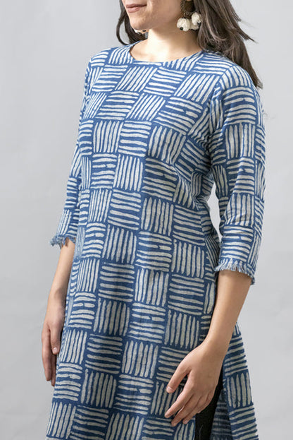 MORALFIBRE NATURAL INDIGO CANE PRINTED KURTI WITH SIGNATURE RAW EDGES