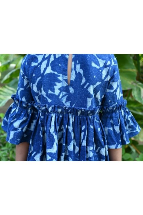 MORALFIBRE’ NATURAL INDIGO PRINTED GIRLS FRILLY SEA SCAPE SLEEVELESS FROCK