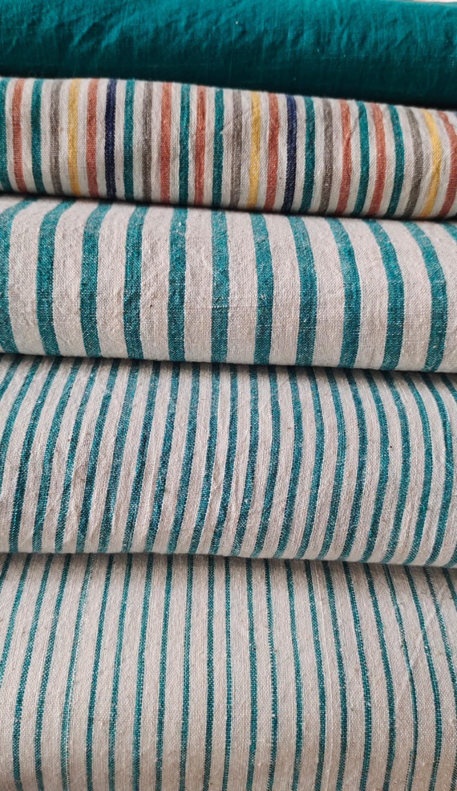 MORALFIBRE 100% Cotton handspun handwoven Cyan Green Thin Stripes Fabric