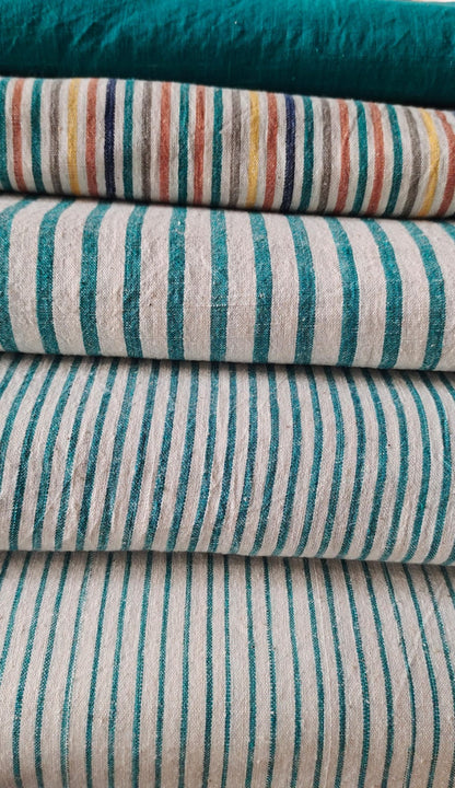 MORALFIBRE 100% Cotton handspun handwoven Cyan Green Thin Stripes Fabric