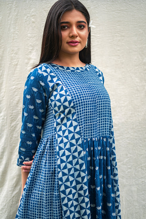 MORALFIBRE NATURAL INDIGO MULTI PRINT DRESS WITH 3/4TH SLEEVES