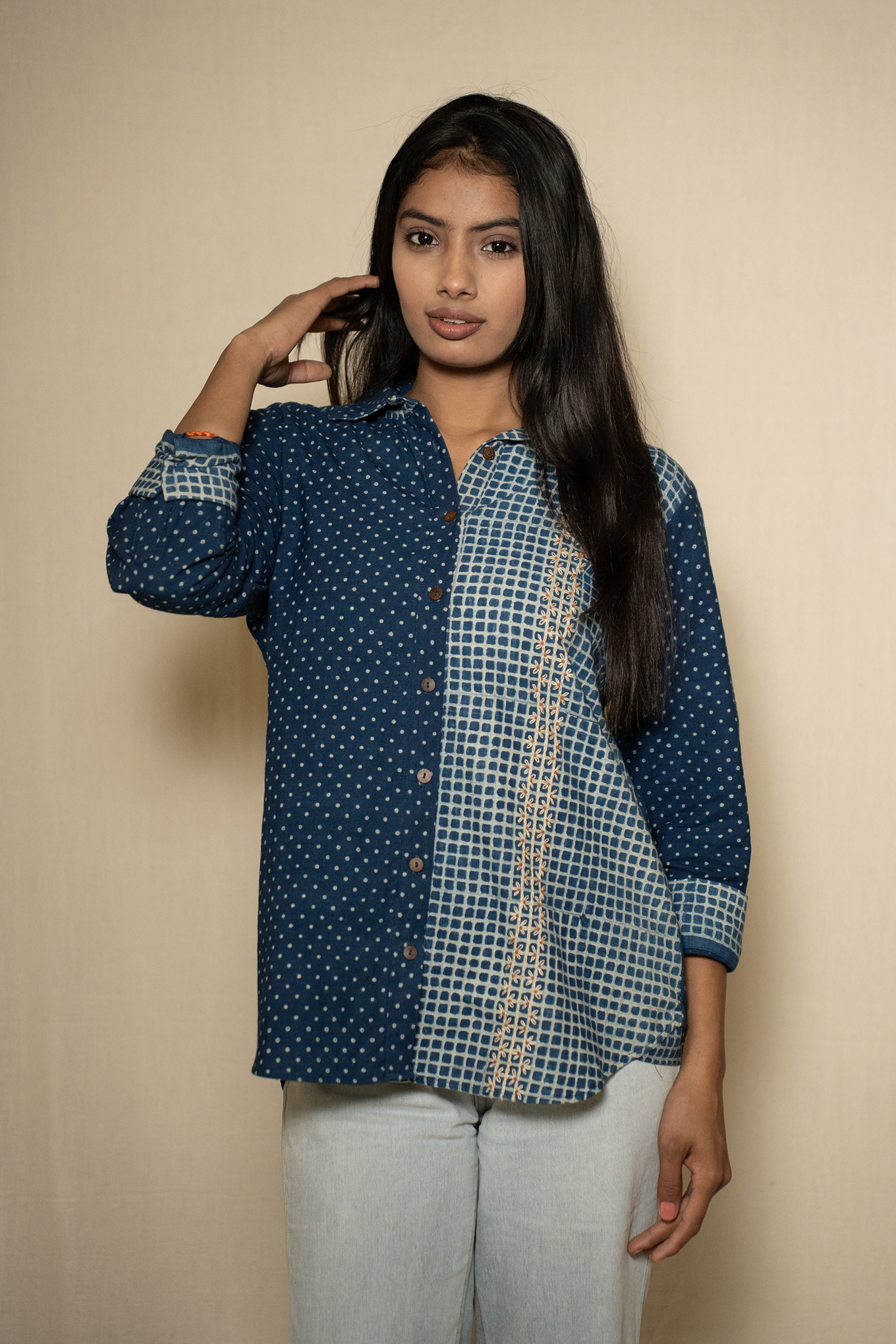 MORALFIBRE INDIGO PRINT SHIRT WITH HAND EMBROIDERED PANNEL
