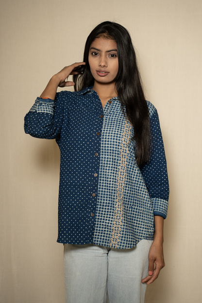MORALFIBRE INDIGO PRINT SHIRT WITH HAND EMBROIDERED PANNEL