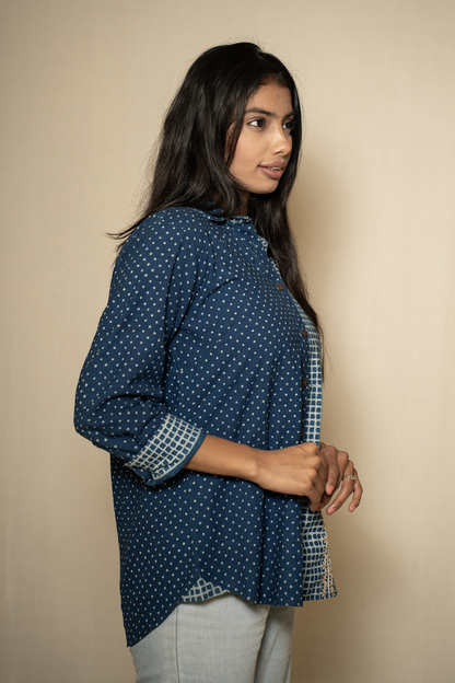 MORALFIBRE INDIGO PRINT SHIRT WITH HAND EMBROIDERED PANNEL