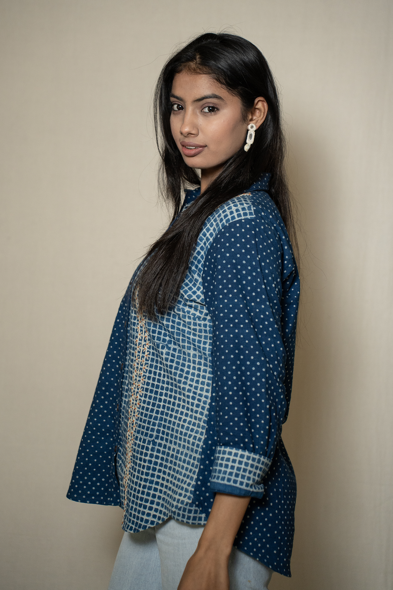 MORALFIBRE INDIGO PRINT SHIRT WITH HAND EMBROIDERED PANNEL