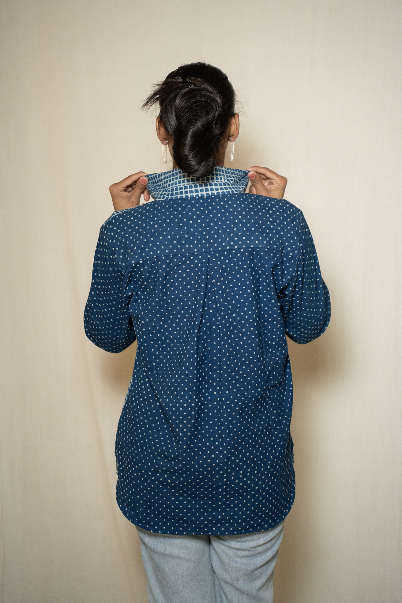 MORALFIBRE INDIGO PRINT SHIRT WITH HAND EMBROIDERED PANNEL