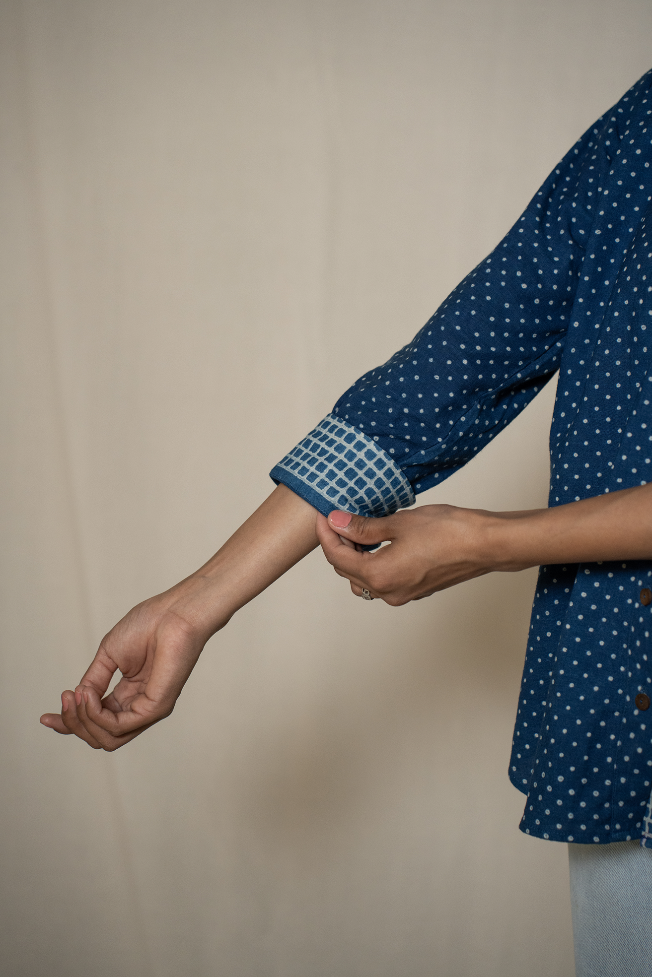 MORALFIBRE INDIGO PRINT SHIRT WITH HAND EMBROIDERED PANNEL